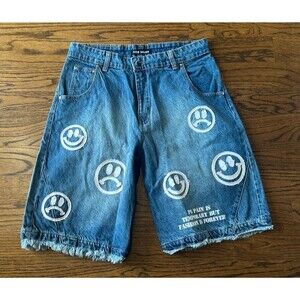 Unisex Pure Sauce Smiley Face Denim Jorts Sz Large